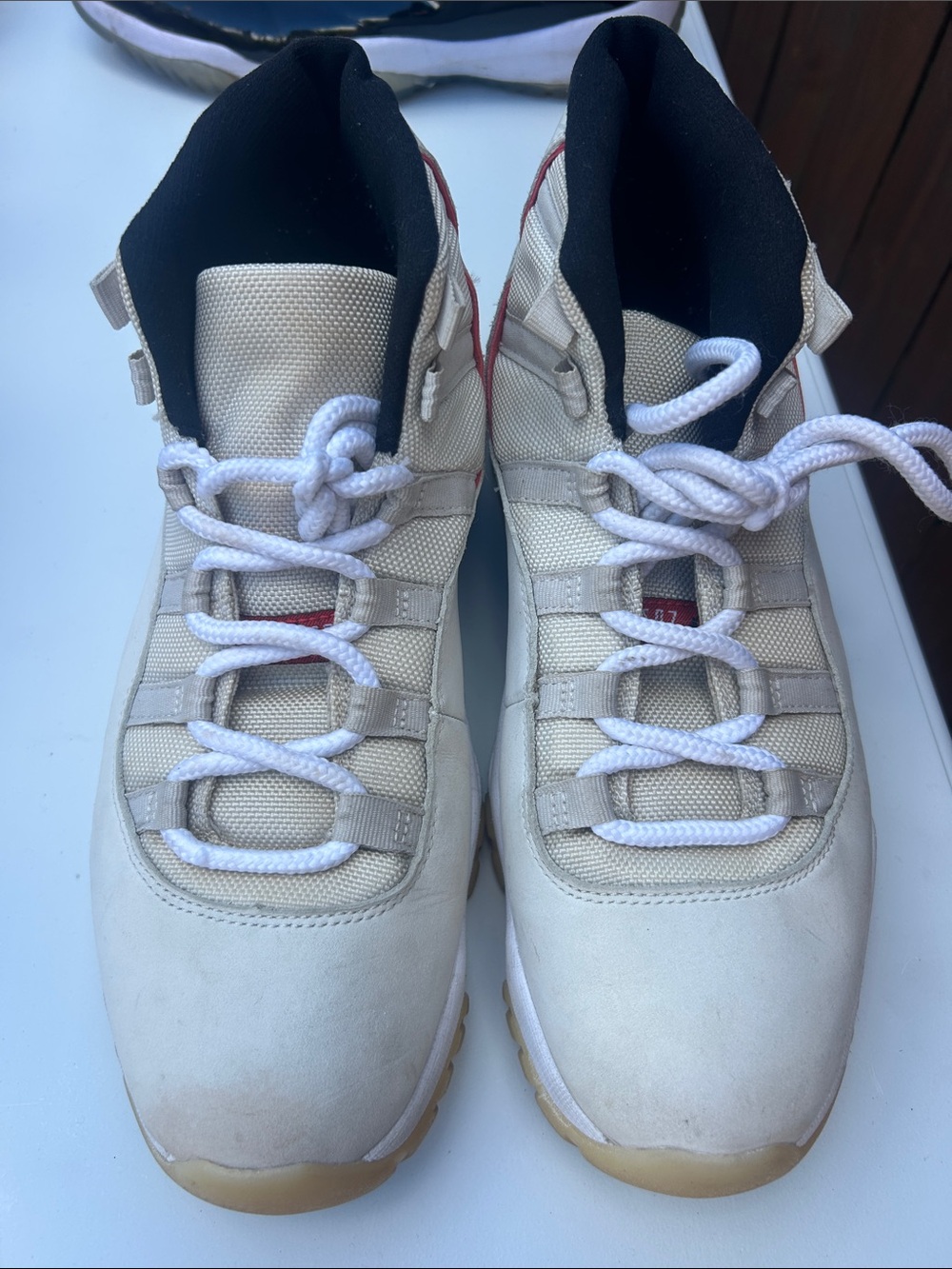 Jordan Men's Cream and Black High-Top Sneakers with Red Accents